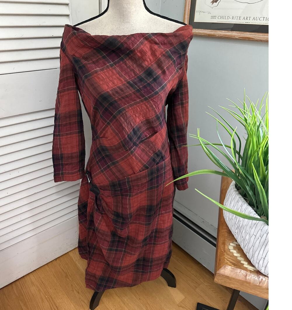 Peruvian Connection Dress Womens 8 Red Plaid Highland Asymmetrical Faux Wrap